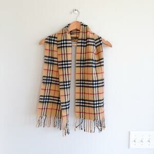 Burberry Nova Checkered Pattern Fringe Rectangle Scarf Brown One Size